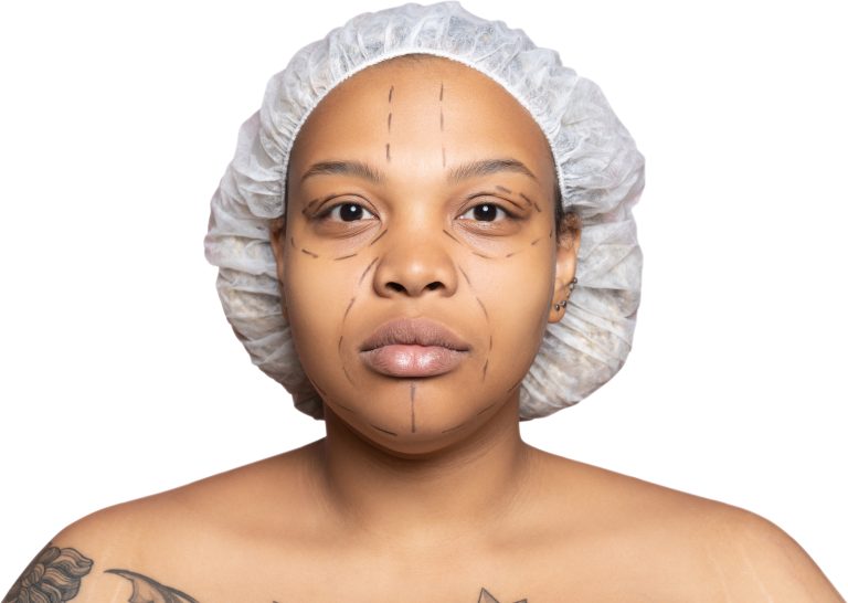 a woman wearing a plastic face mask with a gauges on her forehead