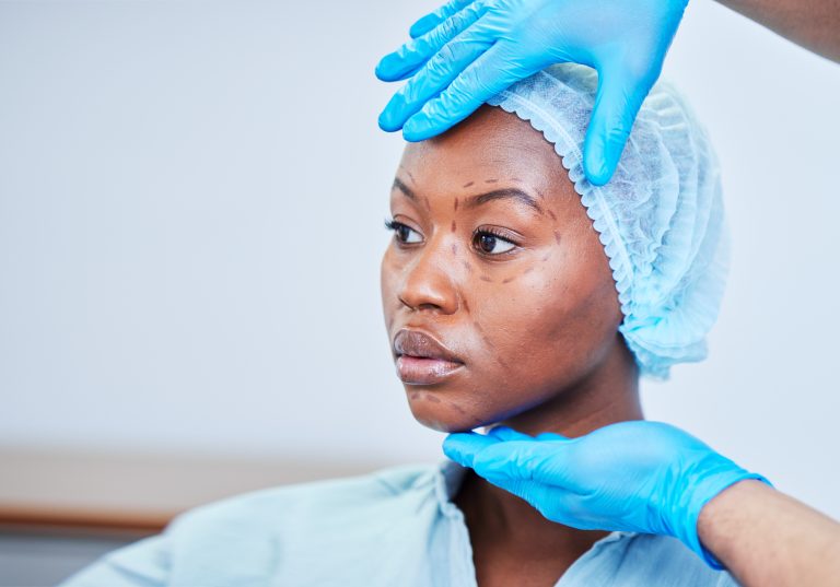 Black woman, patient and doctor hands, plastic surgery and check face, health and medical consultat.