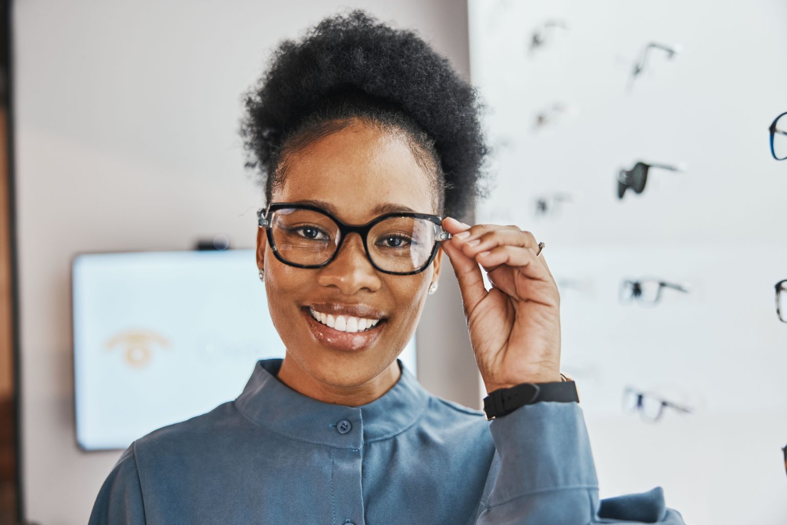 Glasses check, black woman portrait and shoppoing of in a store looking through lense. Eye consulti.